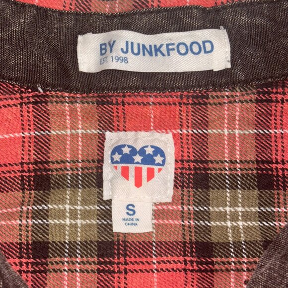 By Junkfood Red & Green Plaid Button Down Shirt with Peace Sign - Size S - Picture 9 of 11